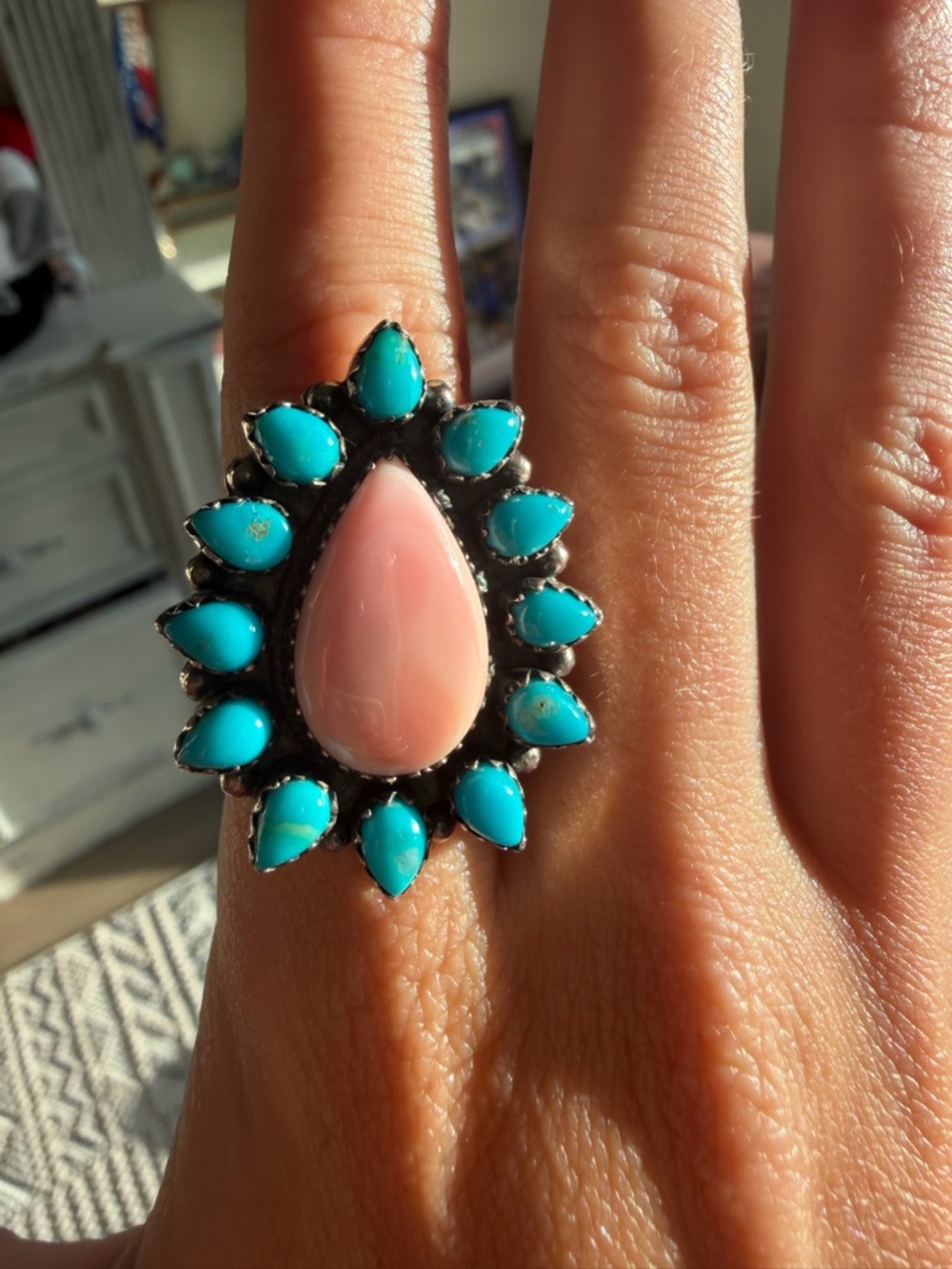 Sterling Silver Turquoise & Pink Conch Cluster Ring
